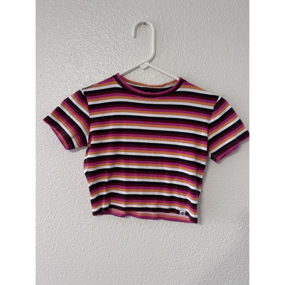 Dickies Ribbed Striped Crop Top XS Pink Orange Brown Y2K Baby Tee